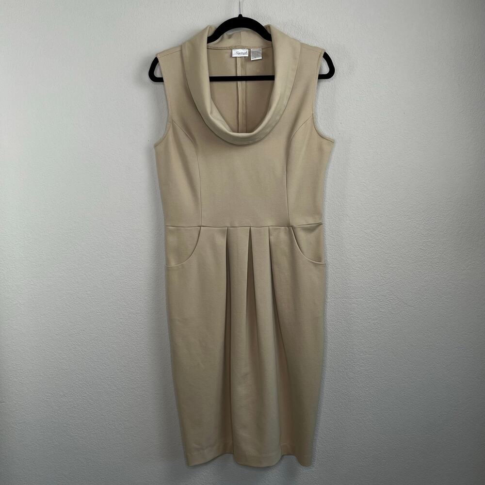 Vintage Y2K Spiegel Cowl Neck Knee Length Midi Dress Tan Pleated Pockets 10